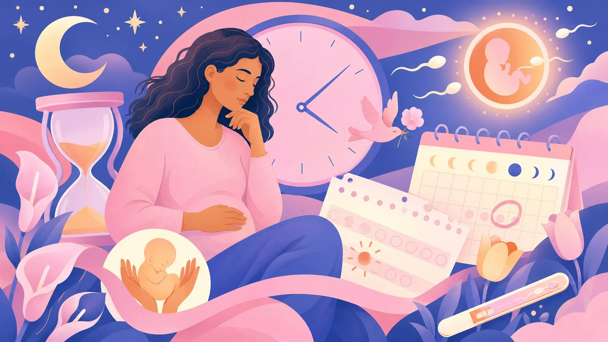 Illustrated woman waiting during the two week wait, surrounded by a clock, hourglass, calendar and a glowing embryo motif, dusk pink and blue